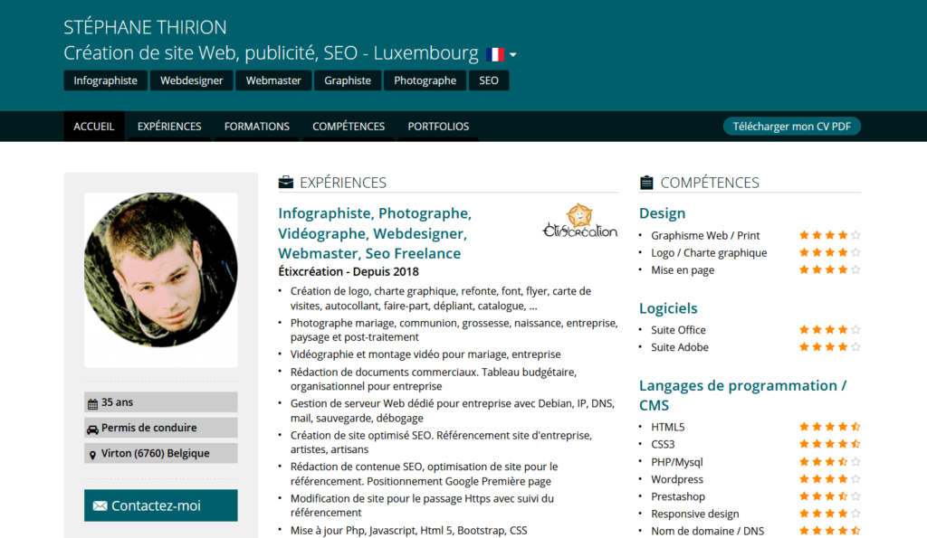 CV Stéphane Thirion Web designer webmaster seo photographe. Virton, Arlon, Luxembourg, Aubange, Musson, Habay, Florenville, Libramont, Neufchâteau, Saint-Léger