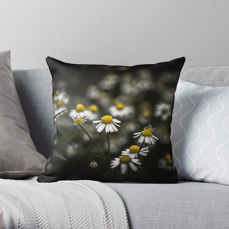 Coussin marguerite fond noir